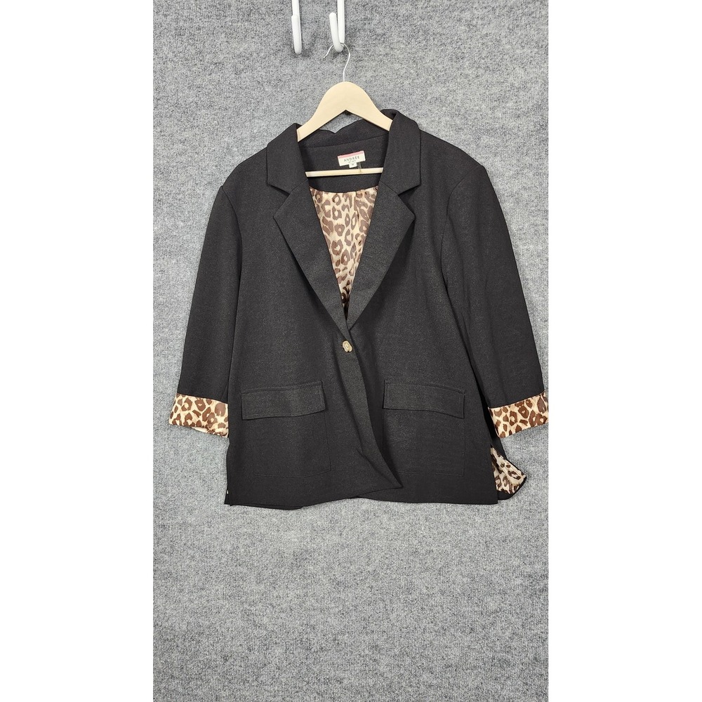 Andree By Unit Jacket Womens 1X Leopard Lined‎ 3/4 Sleeve Blazer Single Button